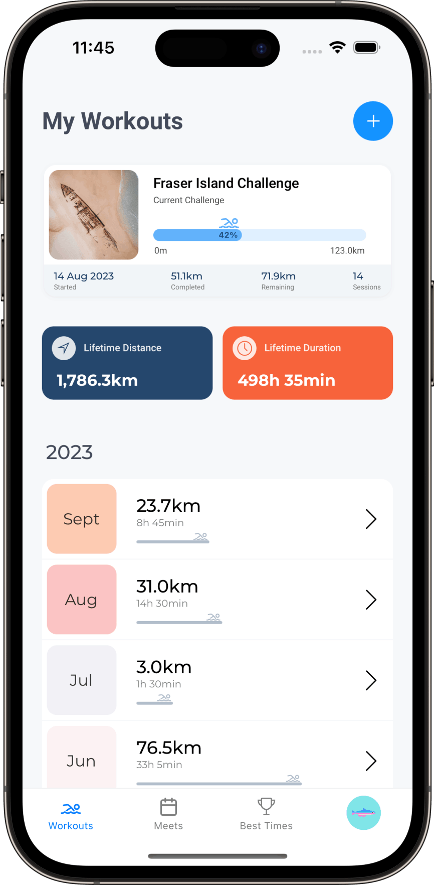 App screenshot of My Workouts page