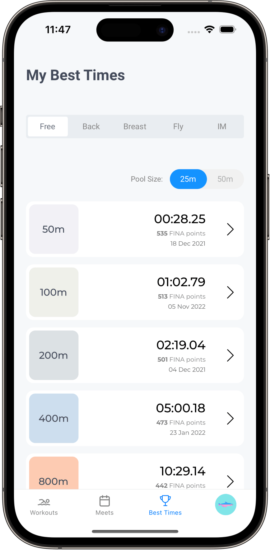 App screenshot of My Best Times page