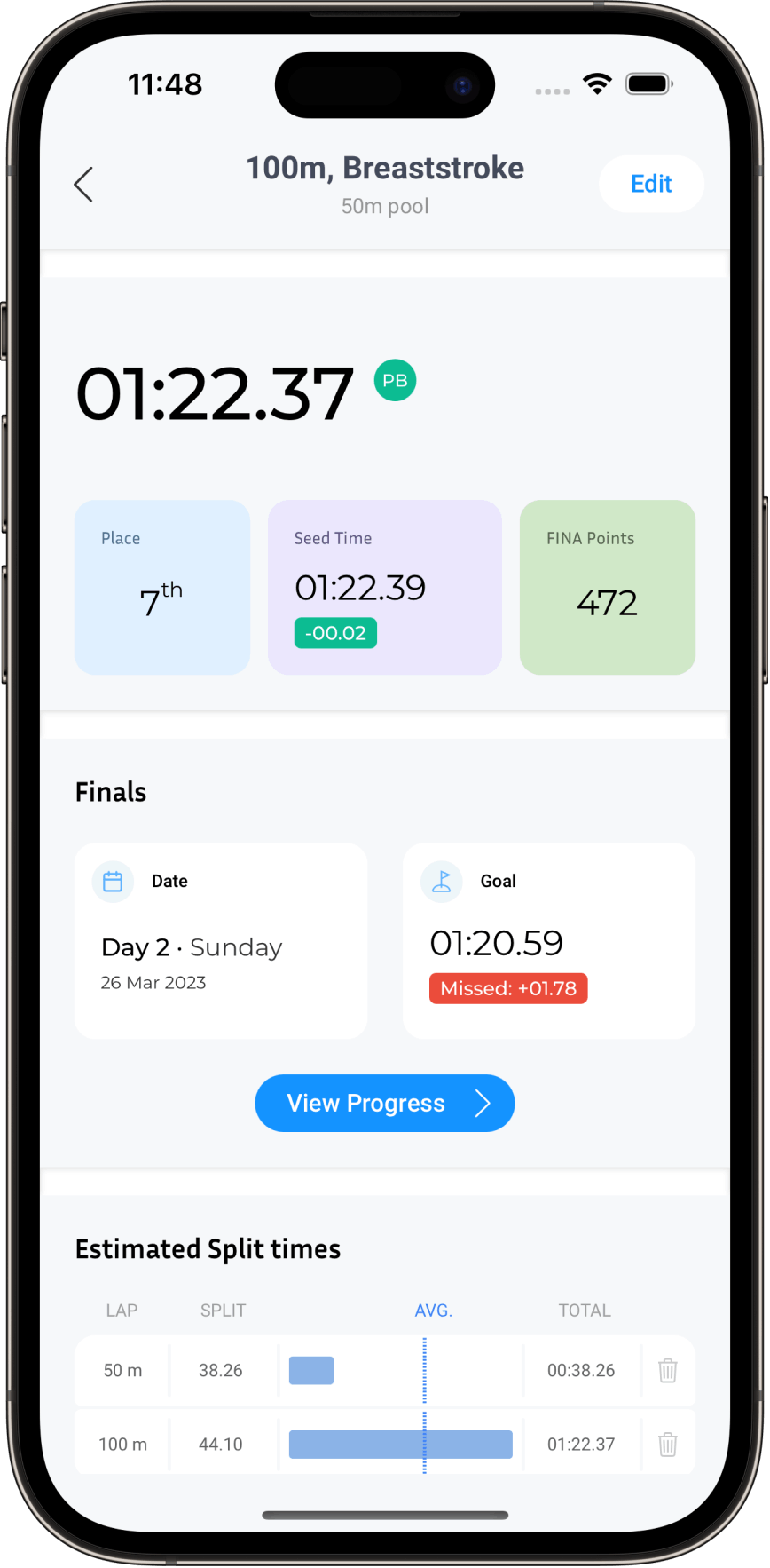 App screenshot of Swim Details page